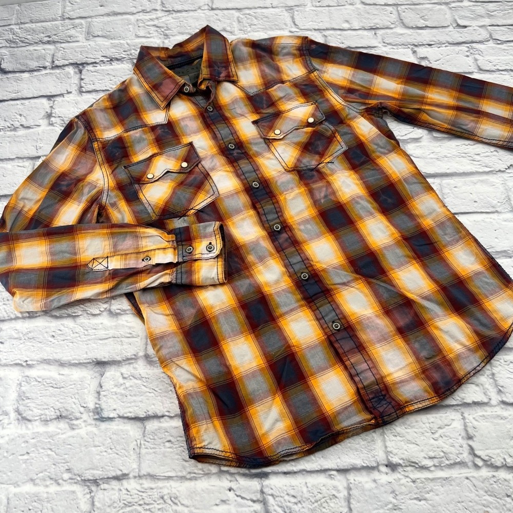 Decree Mens Western Pearl Snap Button Up Shirt Yellow Red Grey Plaid Size M